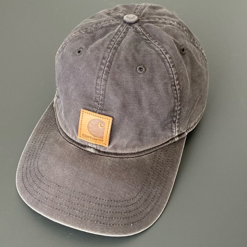 Carhartt Gray Canvas Leather Patch Hat Adjustable Fit Casual Street Sun Faded